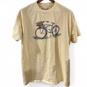 Vintage Men’s Yellow Graphic Embroidered T-Shirt with Bicycle Print Size XL